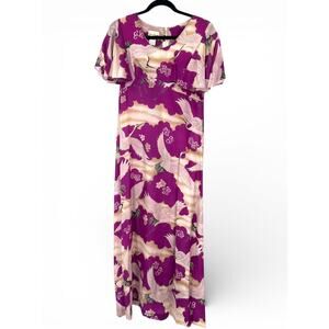 Vintage 80's 12 magenta maxi dress crane Flutter Sleeve Whimsical Birds women's